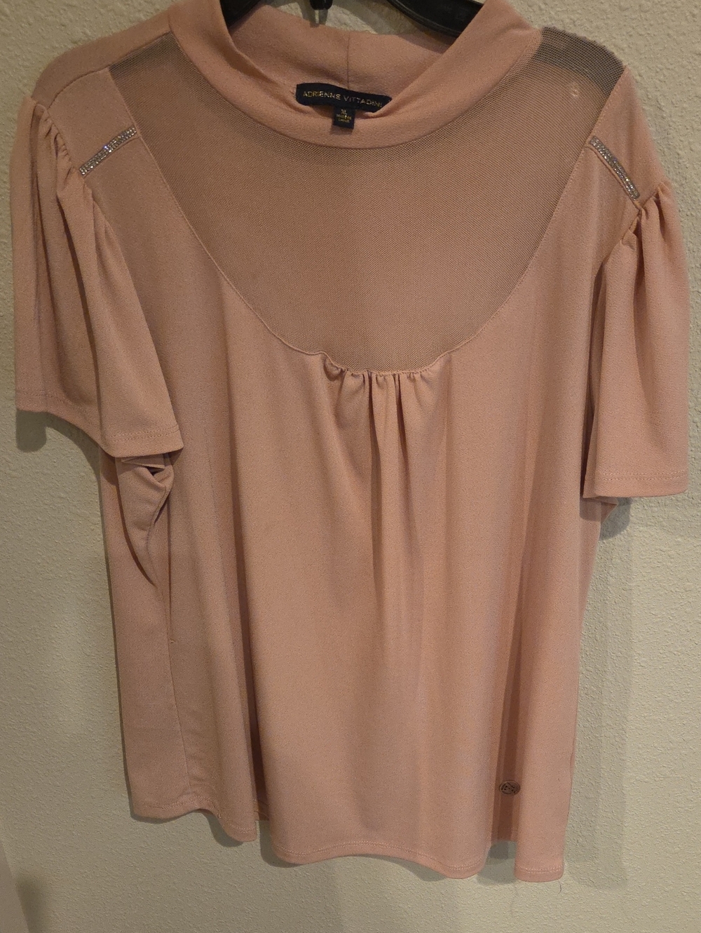 Adrienne Vittadini Blush Pink Short Sleeve Mesh Yoke Top with Rhinestone Trim